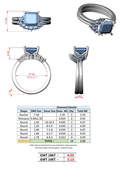 Asscher Lab Grown Diamond Side-Stone Engagement Ring