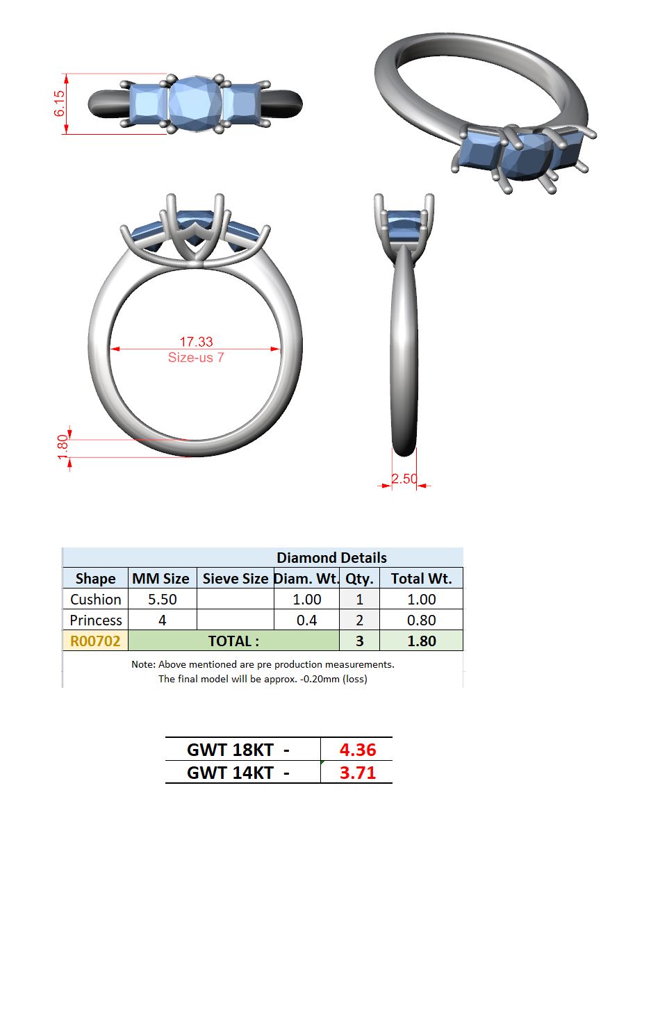 Cushion Lab Grown Diamond Three-Stone Engagement Ring