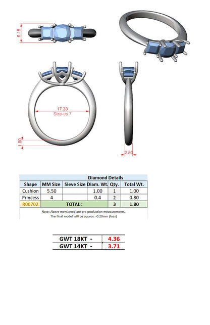 Cushion Lab Grown Diamond Three-Stone Engagement Ring
