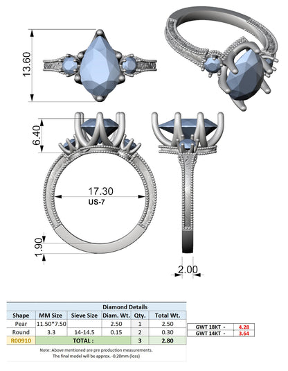 Pear Lab Grown Diamond Three-Stone Engagement Ring