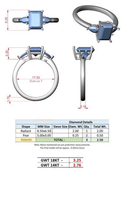 Radiant Lab Grown Diamond Three-Stone Engagement Ring
