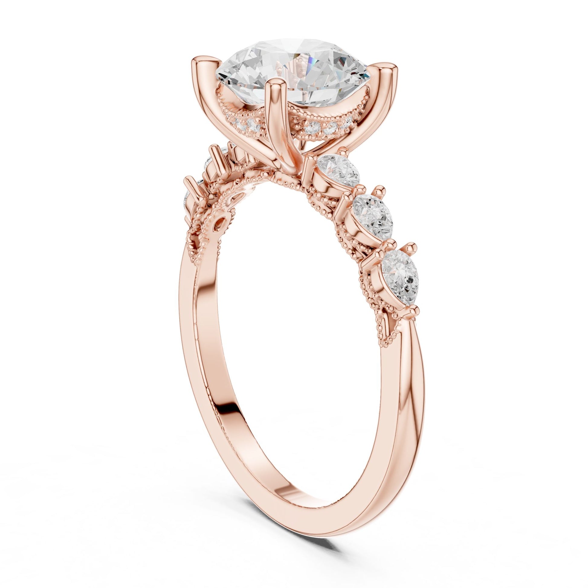 Round Lab Grown Diamond Side-Stone Engagement Ring