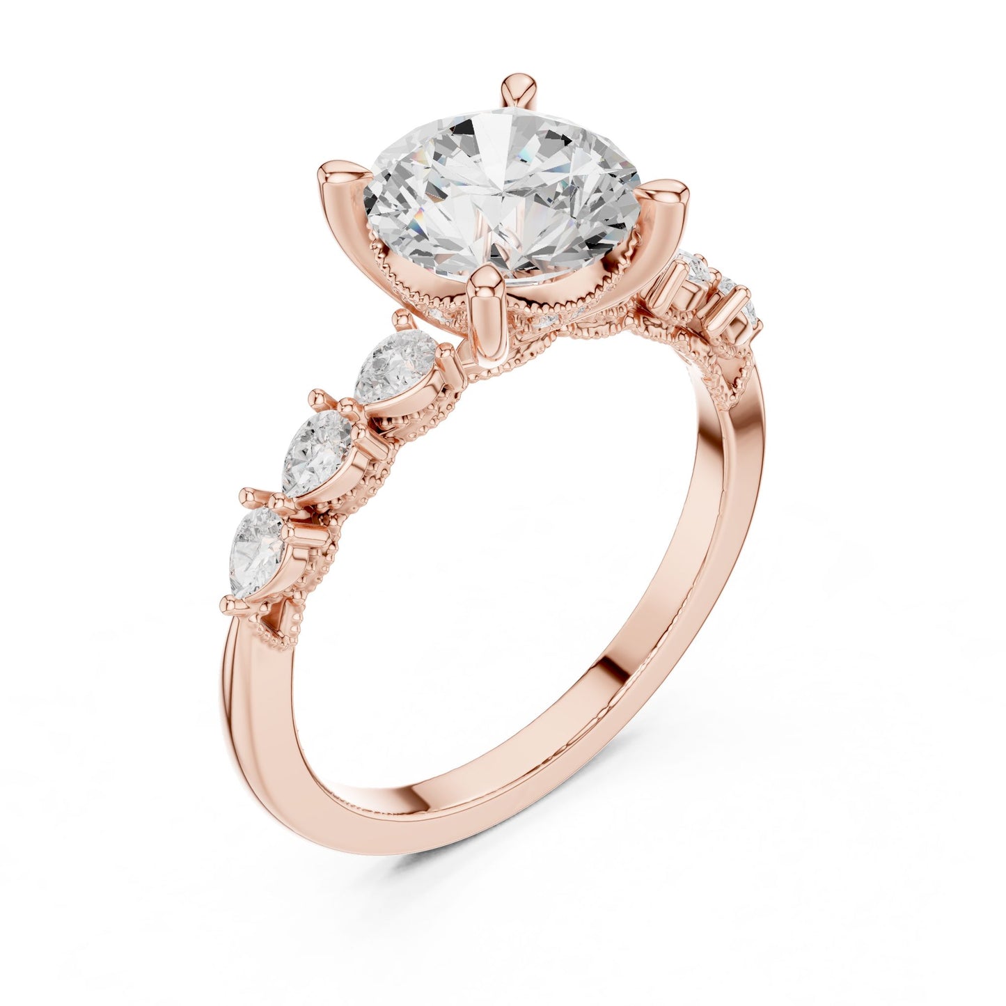 Round Lab Grown Diamond Side-Stone Engagement Ring