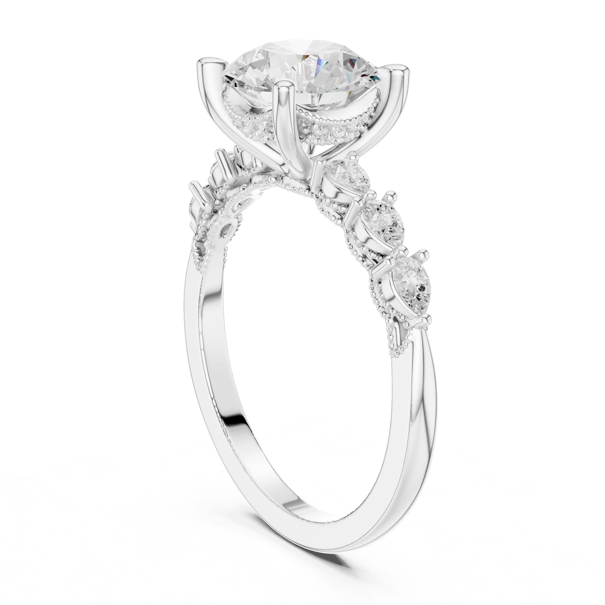 Round Lab Grown Diamond Side-Stone Engagement Ring