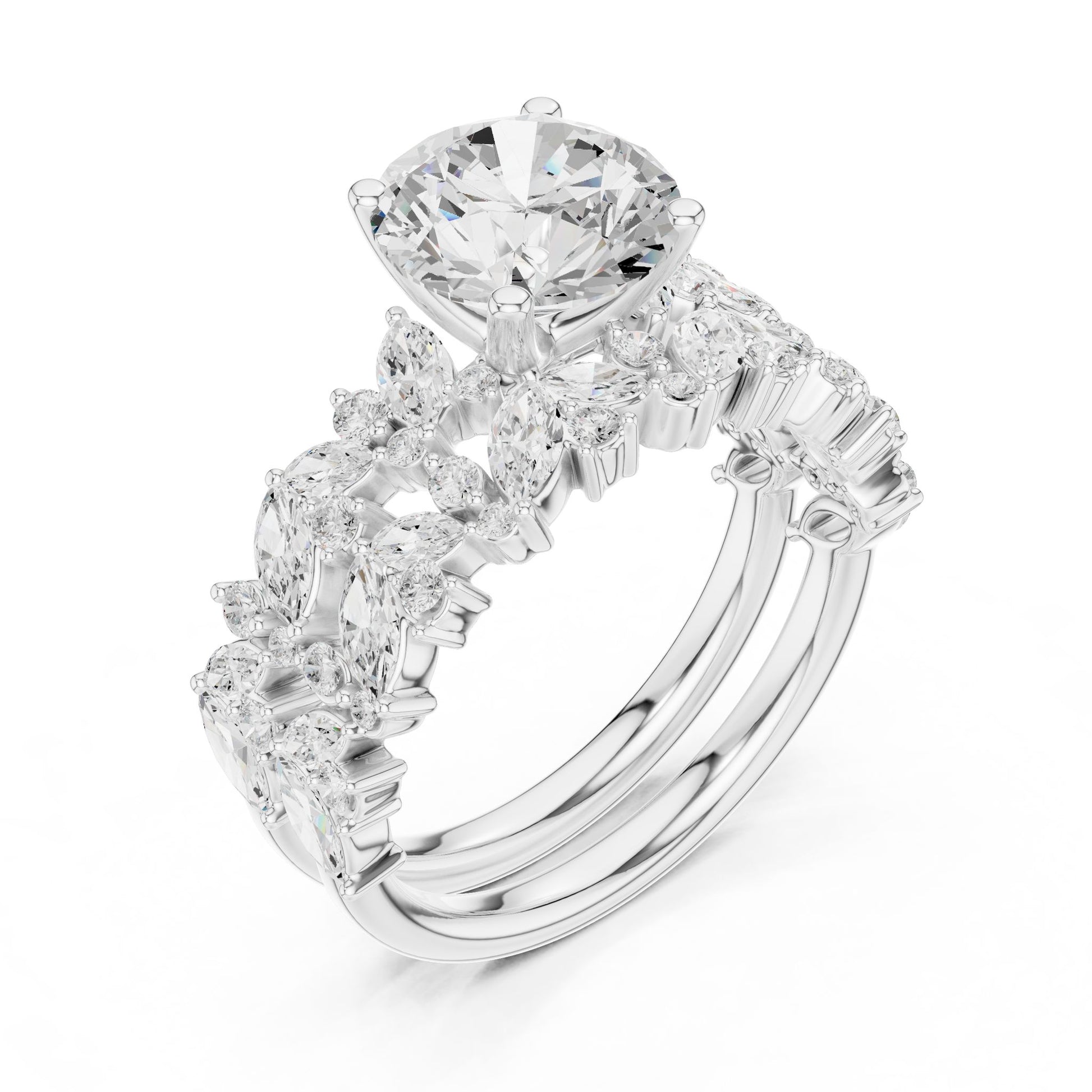Round Lab Grown Diamond Side-Stone Engagement Ring