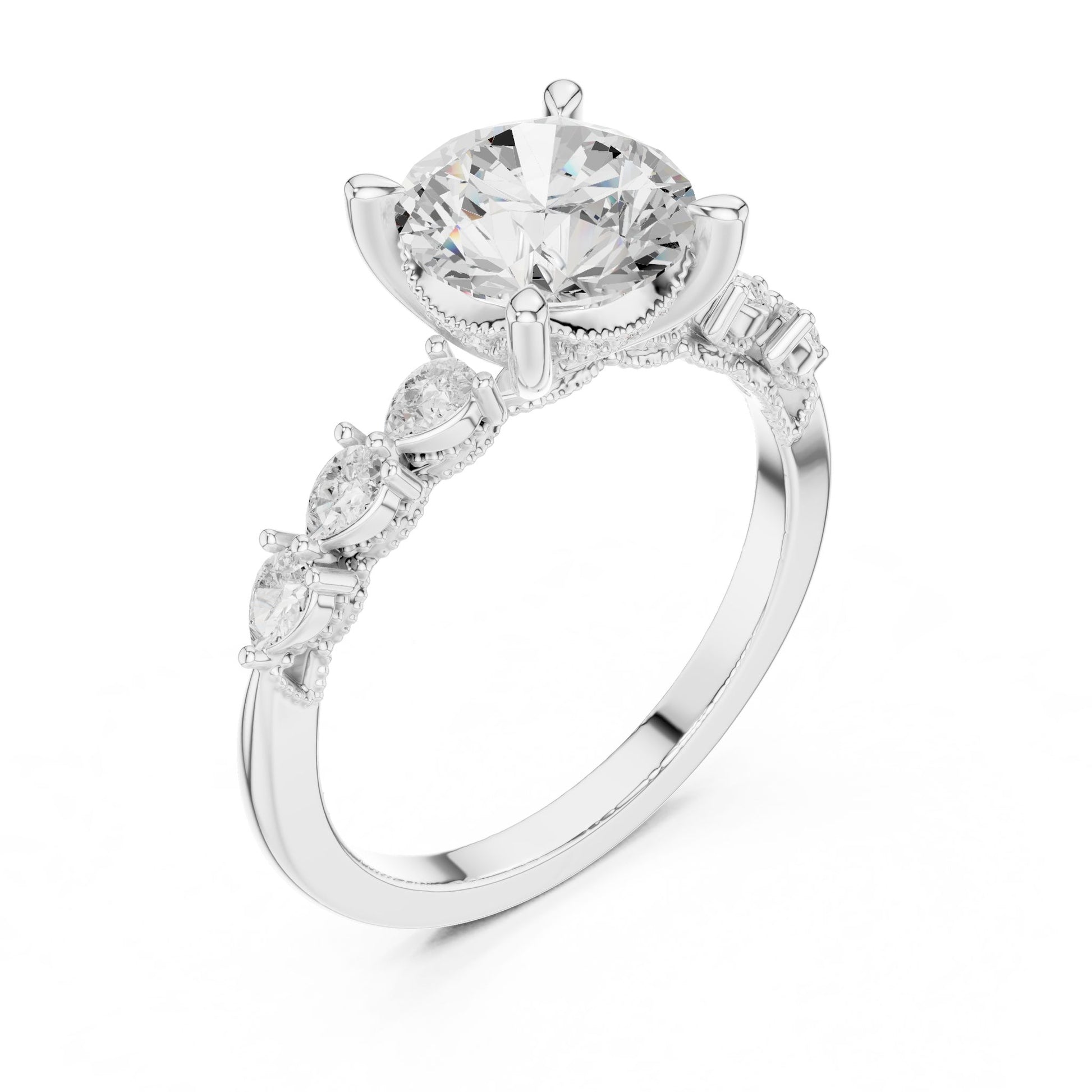Round Lab Grown Diamond Side-Stone Engagement Ring