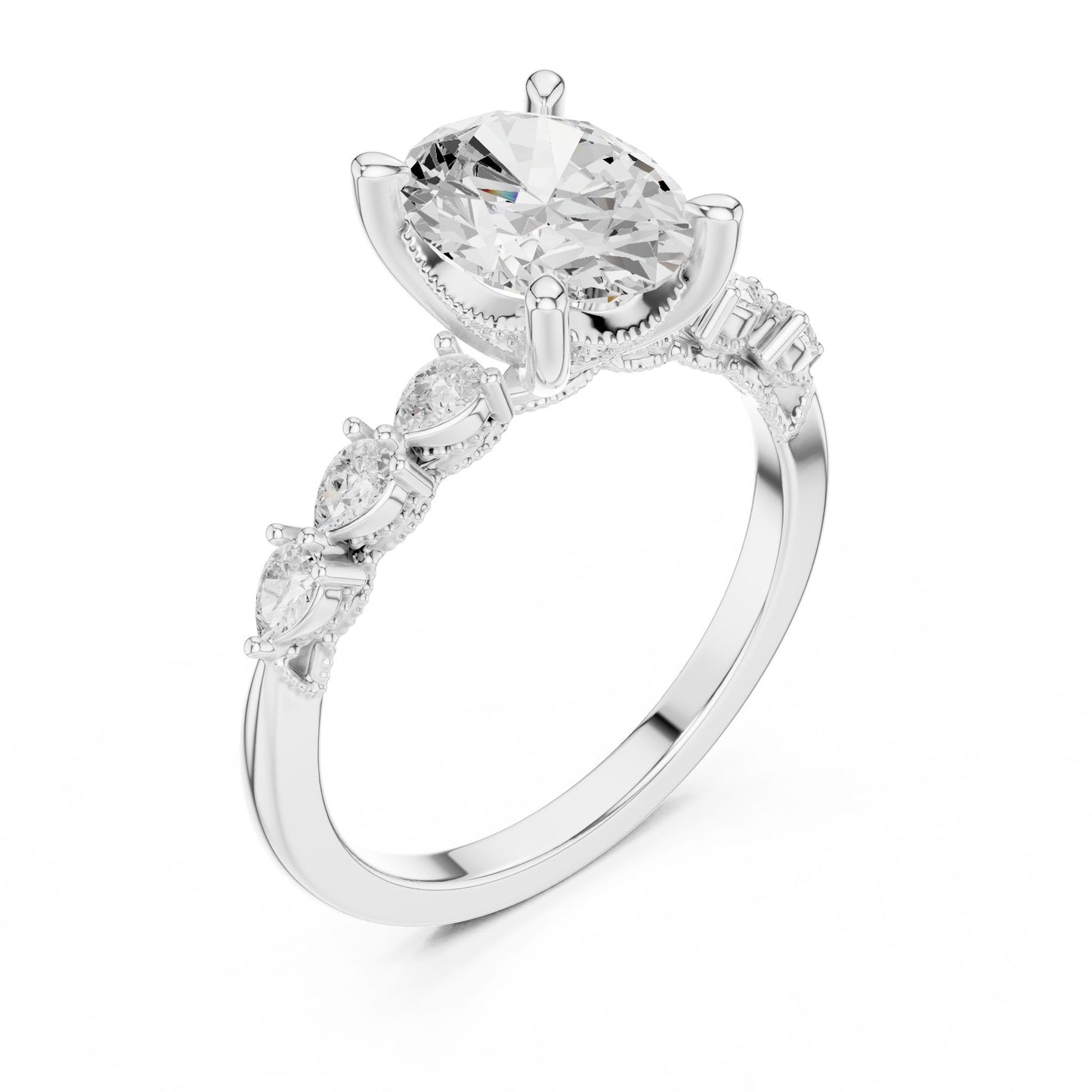 Round Lab Grown Diamond Side-Stone Engagement Ring