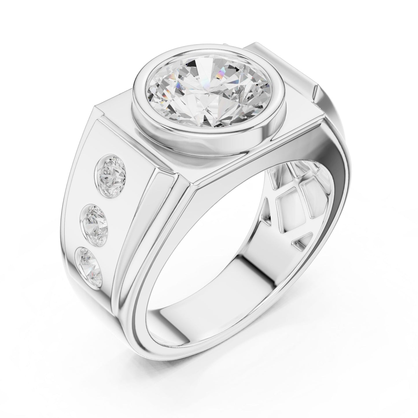 Men's Round Lab Grown Diamond Side-Stone Ring