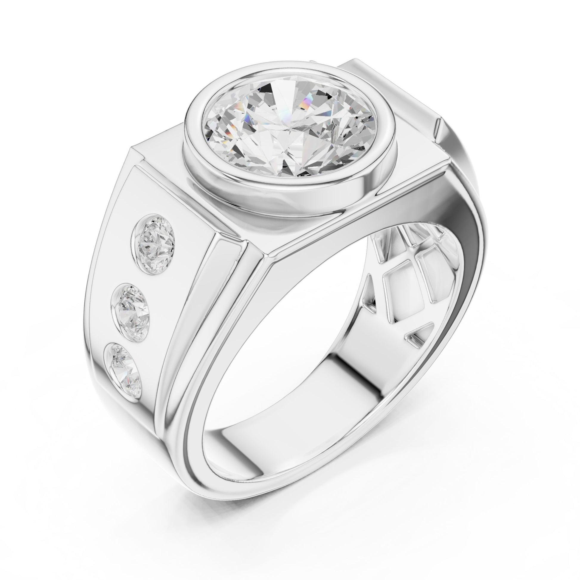 Men's Round Lab Grown Diamond Side-Stone Ring