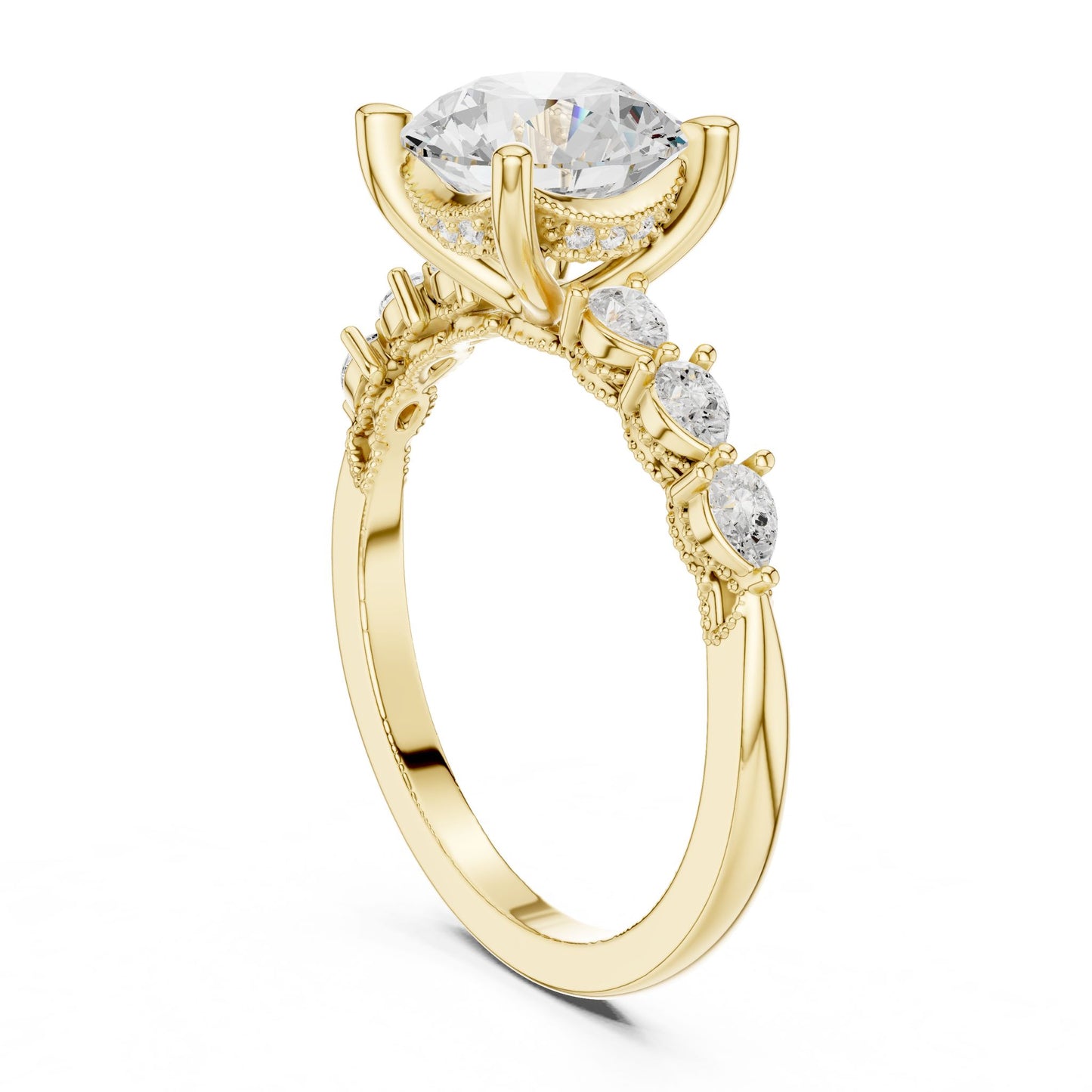 Round Lab Grown Diamond Side-Stone Engagement Ring