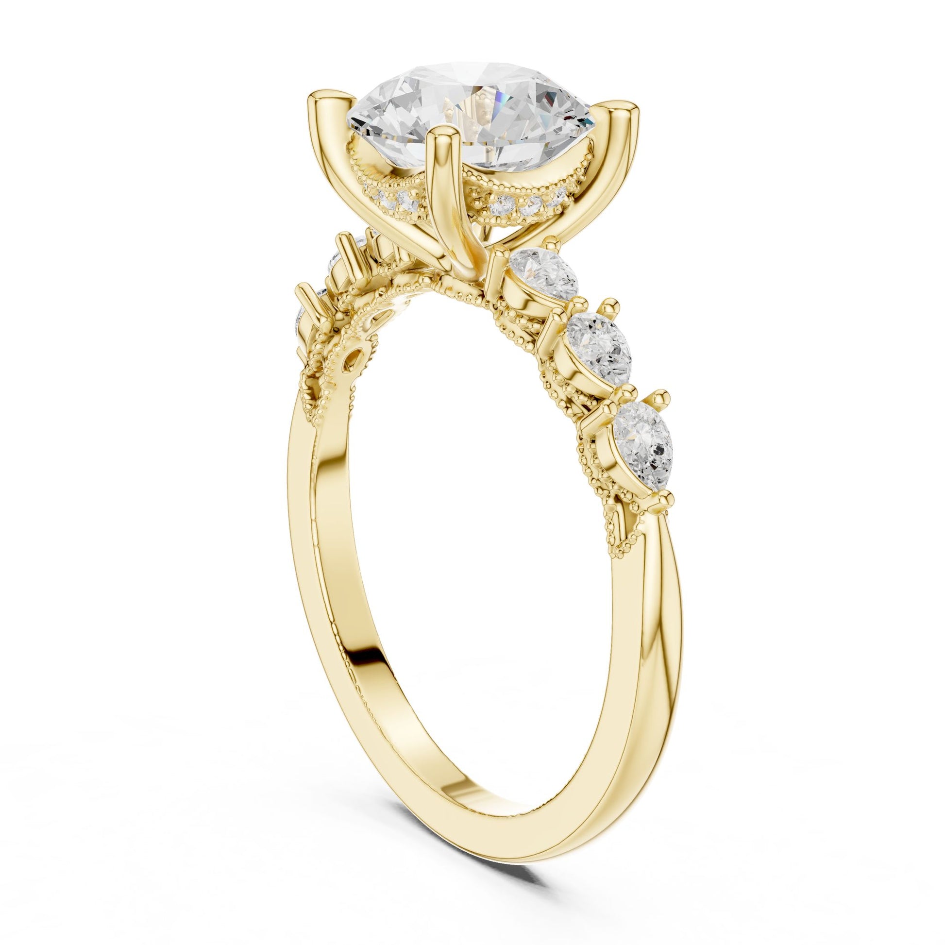 Round Lab Grown Diamond Side-Stone Engagement Ring