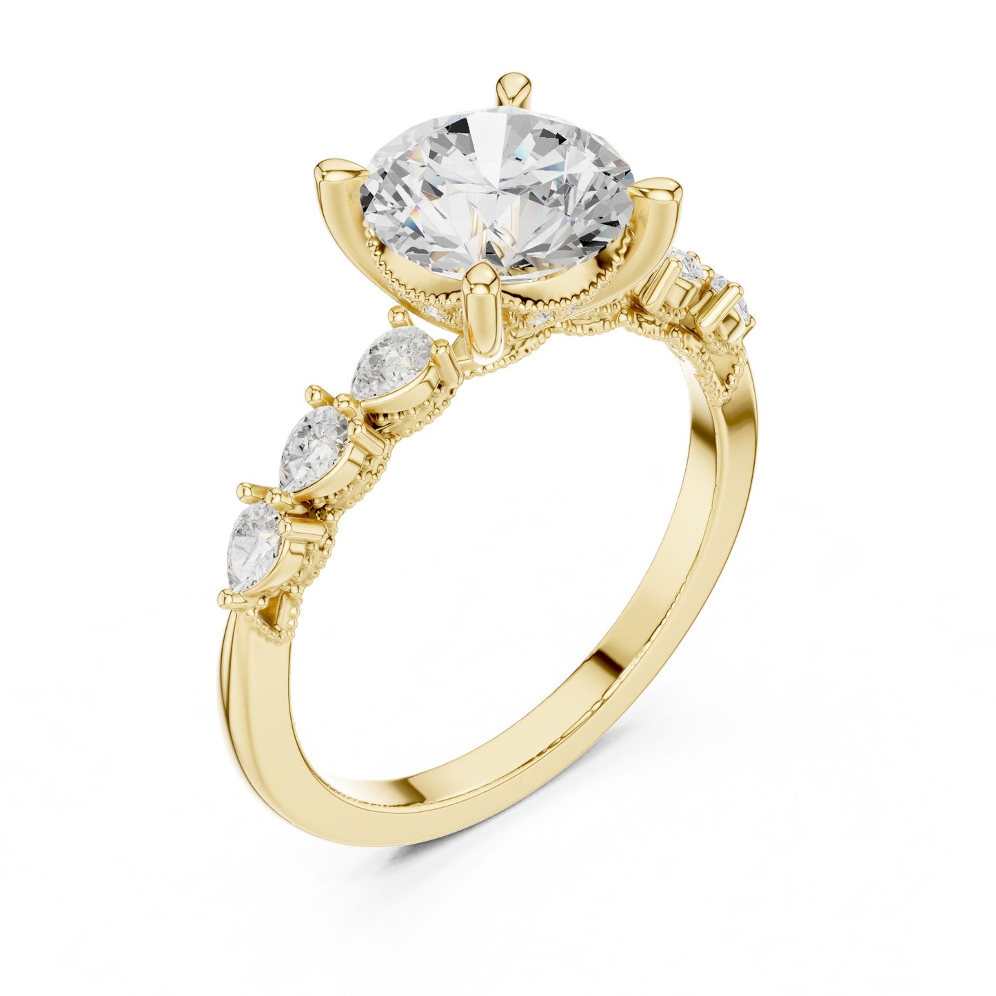 Round Lab Grown Diamond Side-Stone Engagement Ring