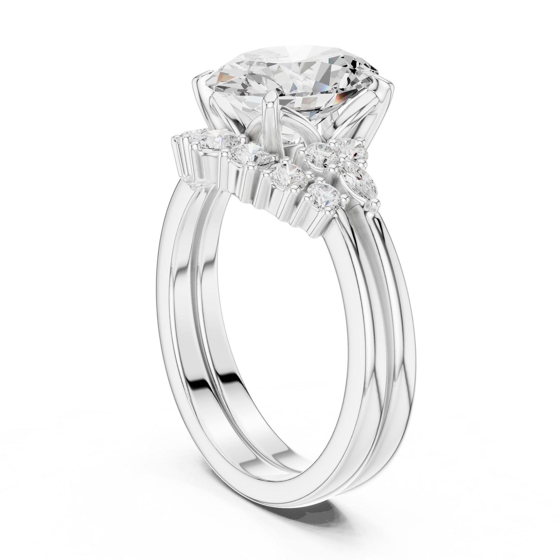 Round Lab Grown Diamond Side-Stone Engagement Ring